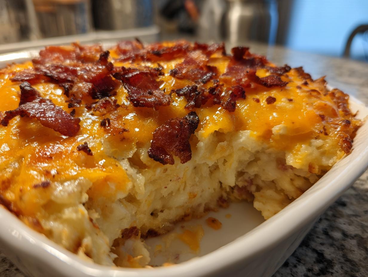 A scoop taken out of a baked potato casserole topped with melted cheddar cheese and crispy bacon bits.