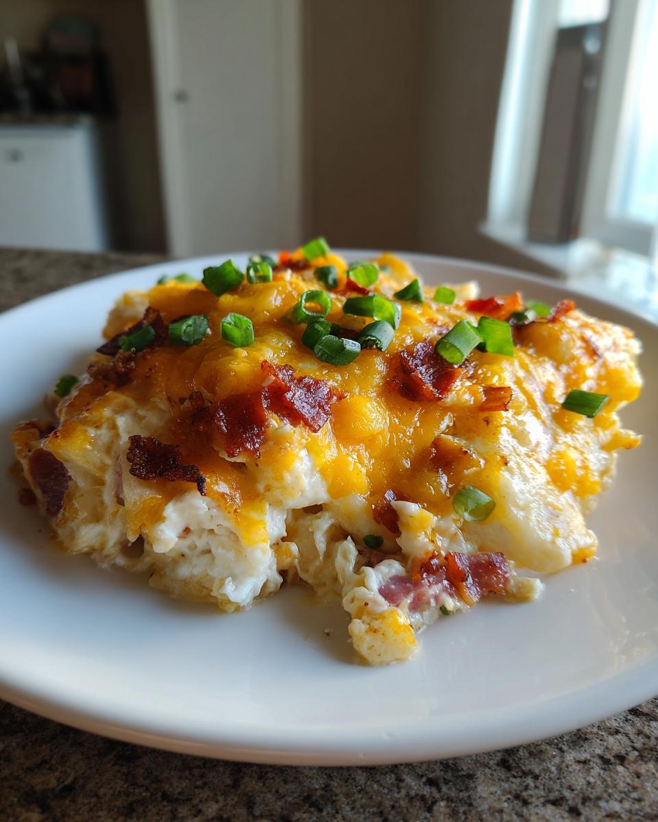 A serving of baked pierogi casserole topped with melted cheddar cheese, bacon bits, and chopped green onions.