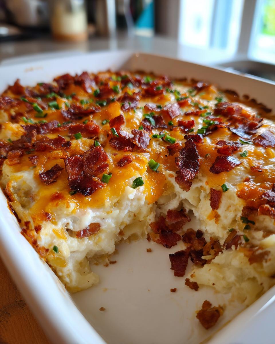 A scoop taken out of a creamy baked potato casserole topped with melted cheddar cheese, bacon bits, and chives.