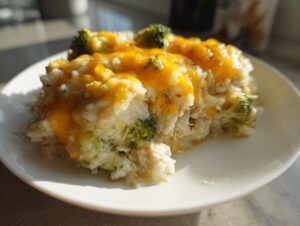 A close-up serving of creamy rice casserole mixed with broccoli florets and topped with melted cheddar cheese.