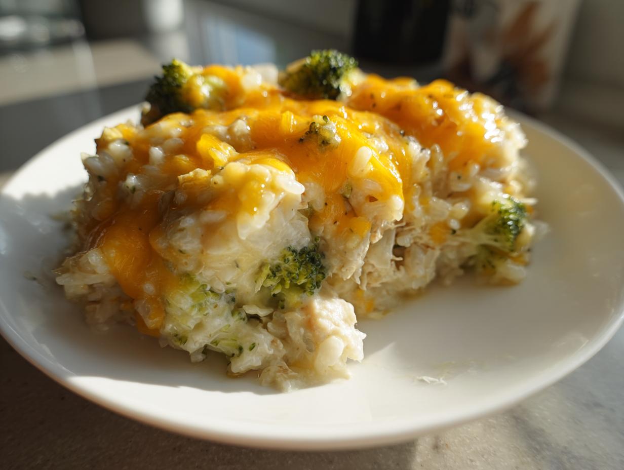 A close-up serving of creamy rice casserole mixed with broccoli florets and topped with melted cheddar cheese.