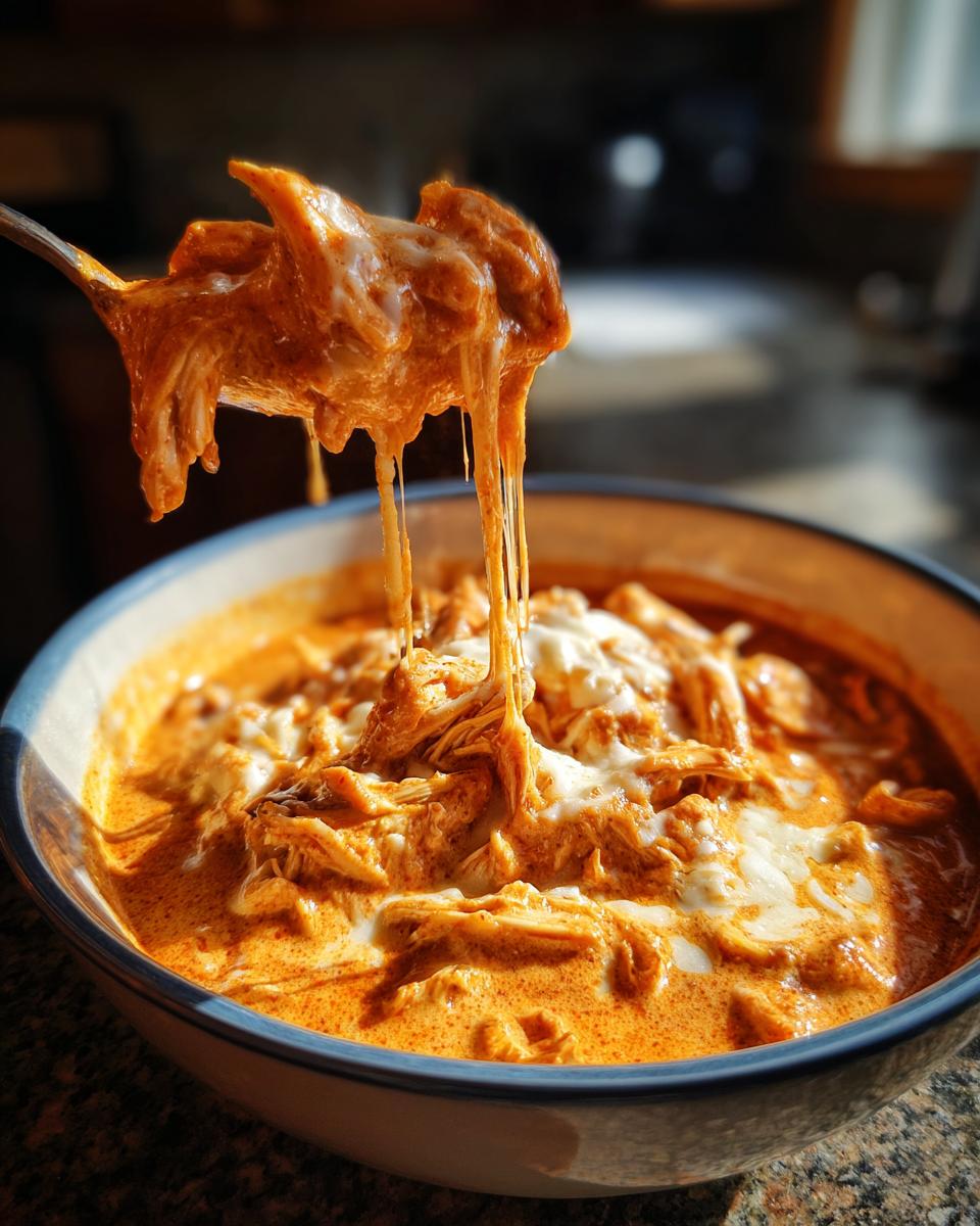 A spoonful of creamy, cheesy buffalo chicken chili being lifted from a bowl, showing long cheese pulls.