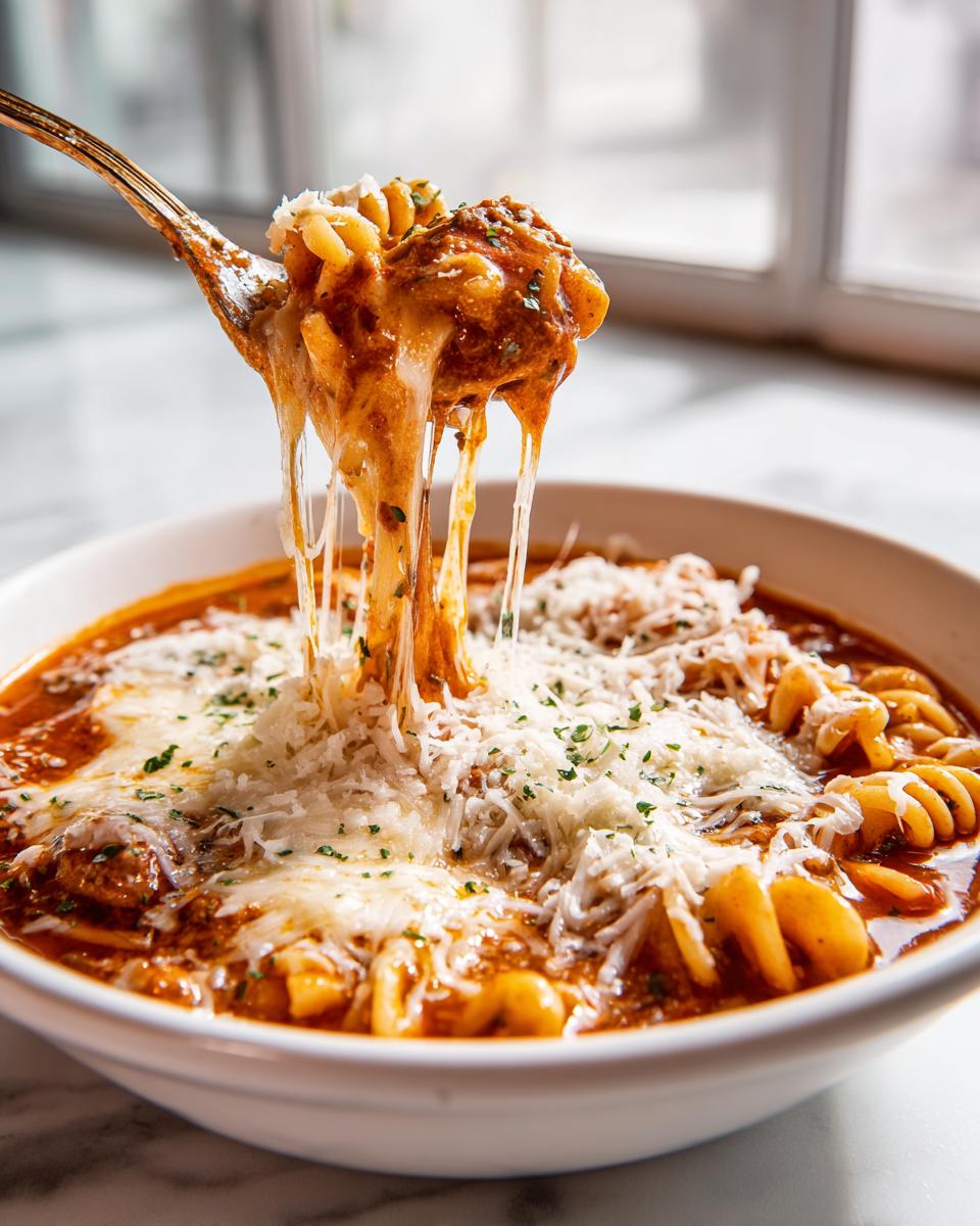 A fork lifts a cheesy, saucy bite out of a bowl of crockpot lasagna soup, showing long cheese pulls.