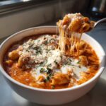 A spoonful of hot crockpot lasagna soup showing a dramatic cheese pull, topped with ricotta and Parmesan.