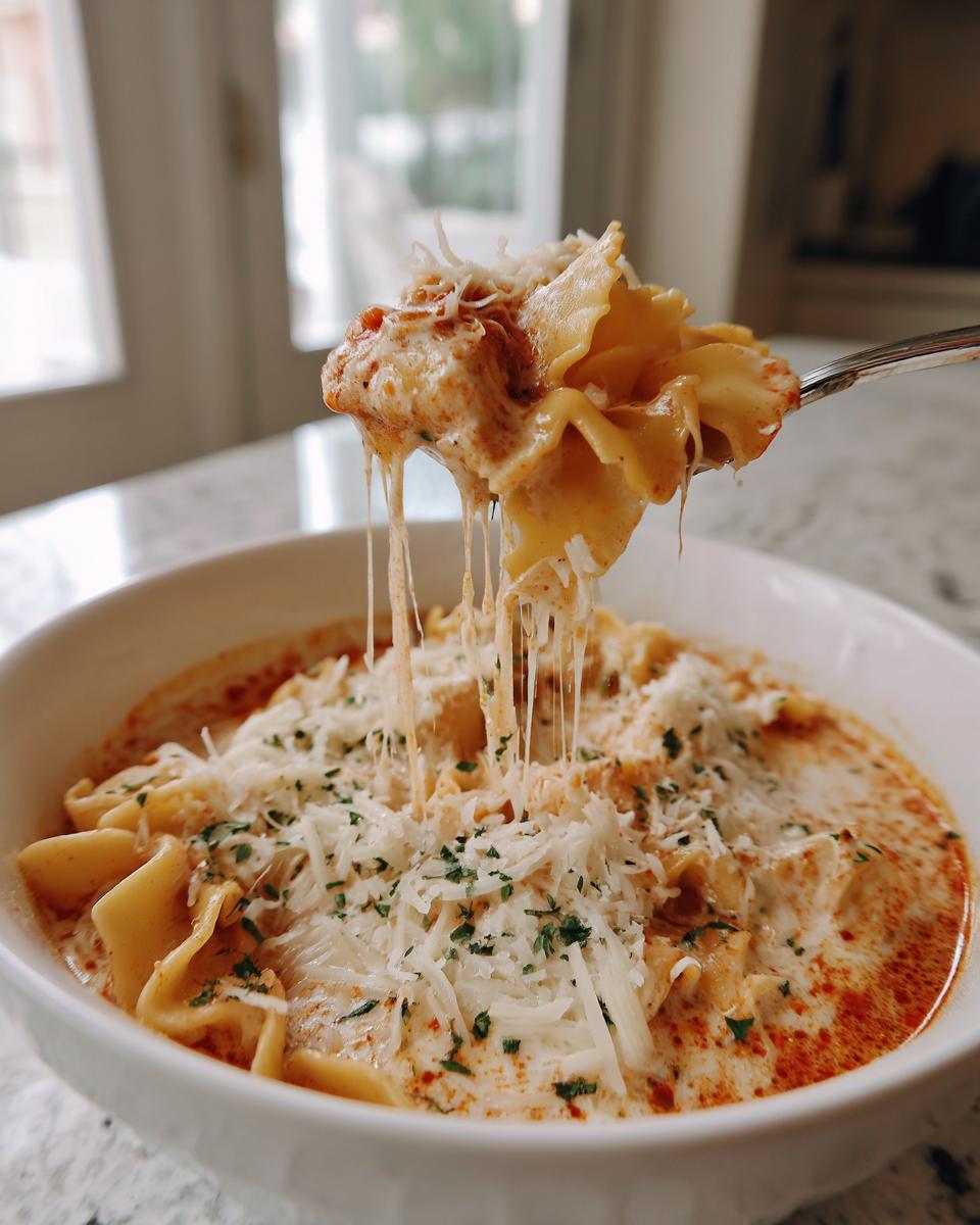 A spoonful of rich crockpot lasagna soup showing long, stretchy cheese pulls over a bowl topped with grated Parmesan and parsley.