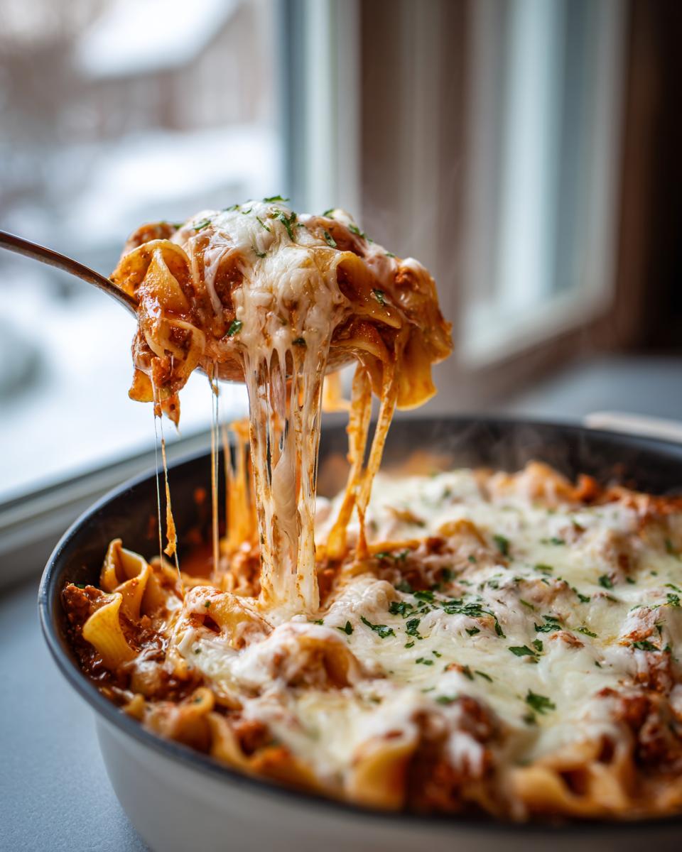A spoonful of hot crockpot lasagna soup showing long, melted cheese pulls over the main dish.