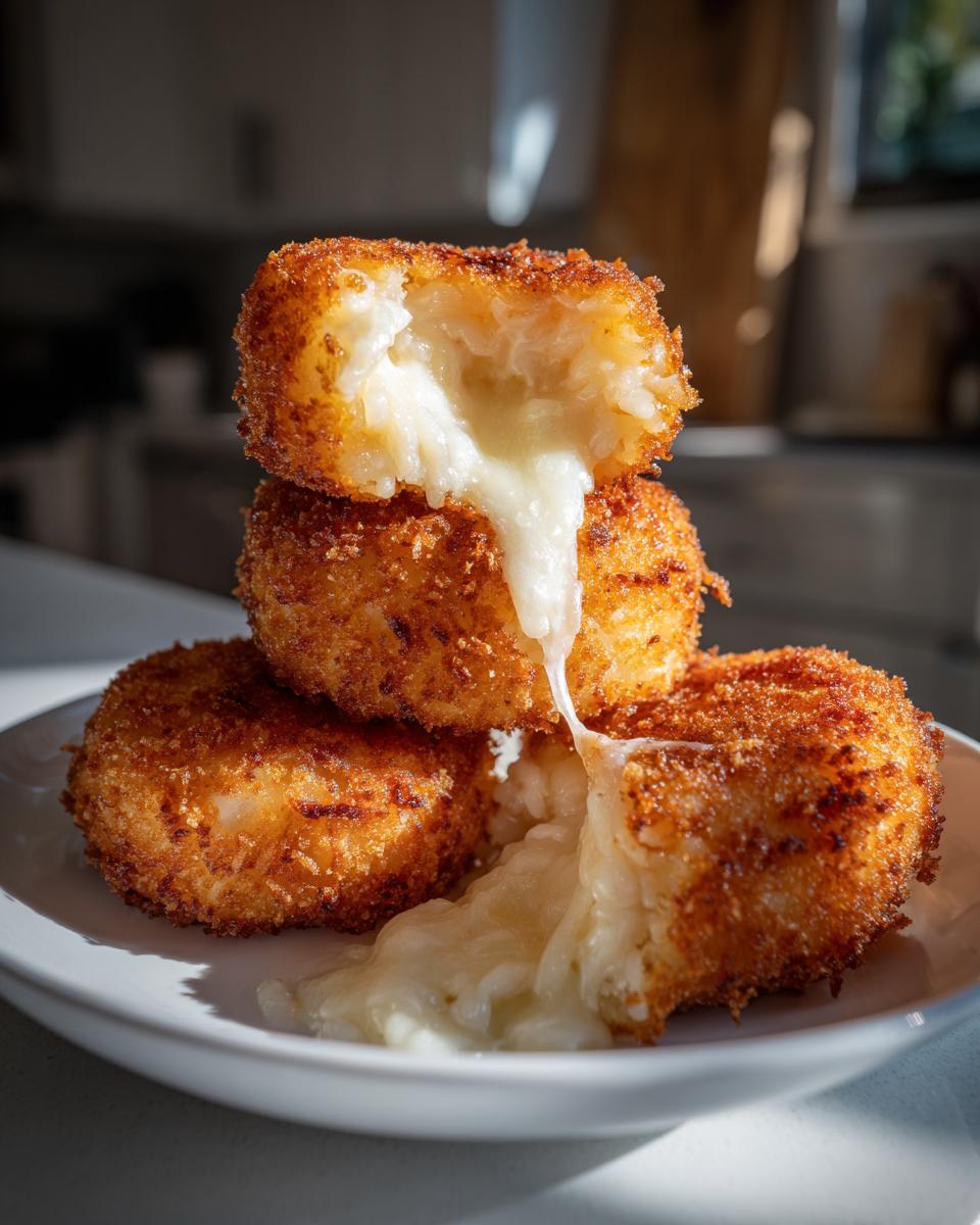 Close-up of three golden-brown, deep-fried rice balls stacked, with the top one broken open revealing a melted, cheesy center oozing out.