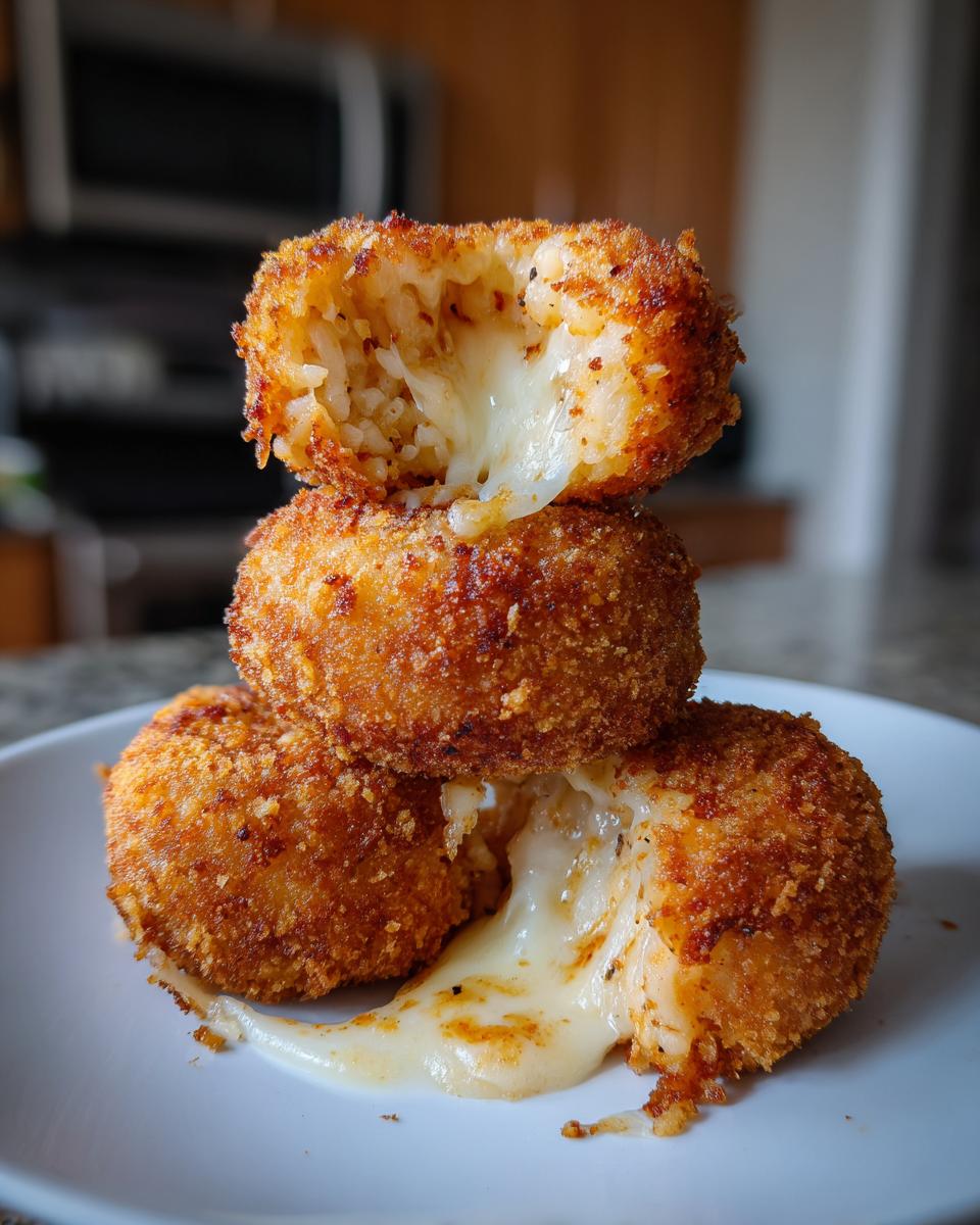 Three golden brown, crispy fried rice balls stacked, with the bottom one broken open revealing melted, gooey cheese.