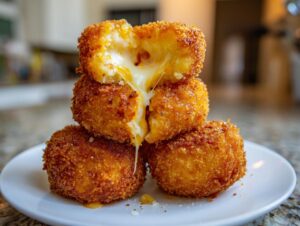 A stack of three golden-brown, crispy fried rice balls, with the top one broken open revealing melted, gooey cheese inside.