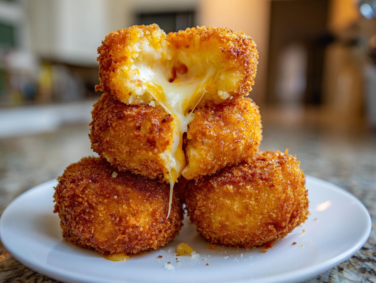 A stack of three golden-brown, crispy fried rice balls, with the top one broken open revealing melted, gooey cheese inside.