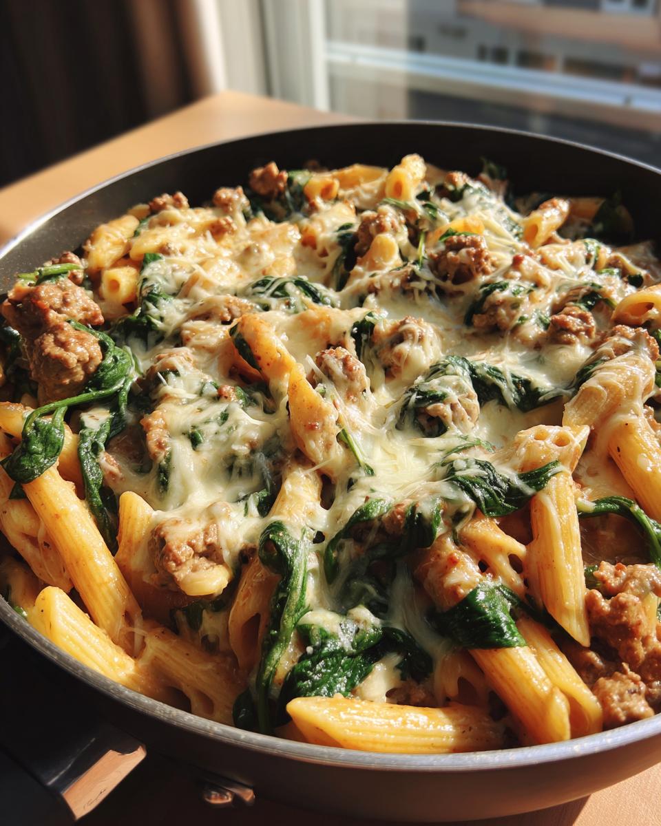 Close-up of cheesy ground turkey pasta with wilted spinach cooked in a skillet.
