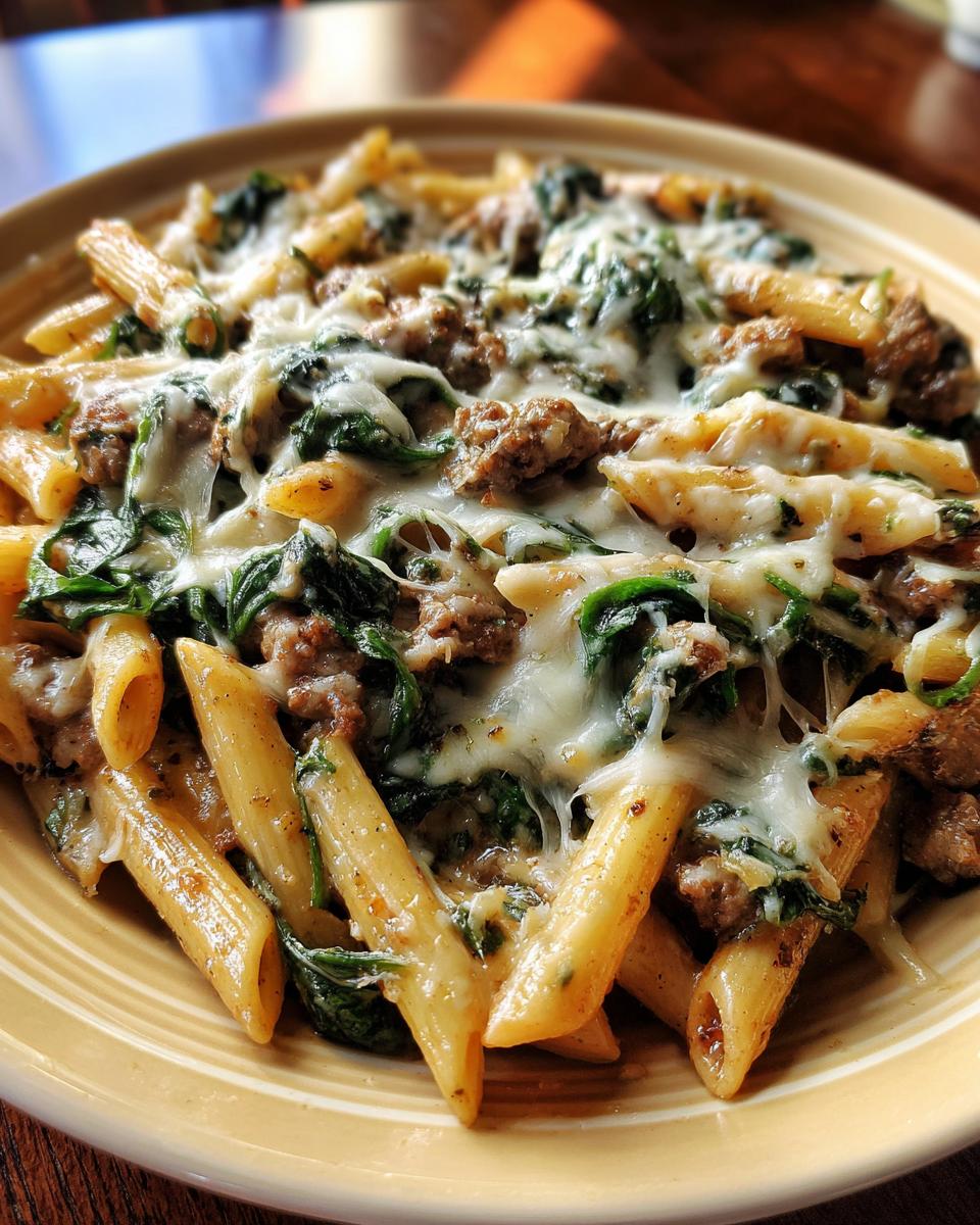 Close-up of cheesy ground turkey pasta featuring penne, browned ground turkey, and wilted spinach.