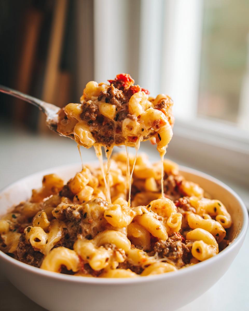 A spoonful of cheesy homemade hamburger helper being lifted from a white bowl, showing long cheese pulls.