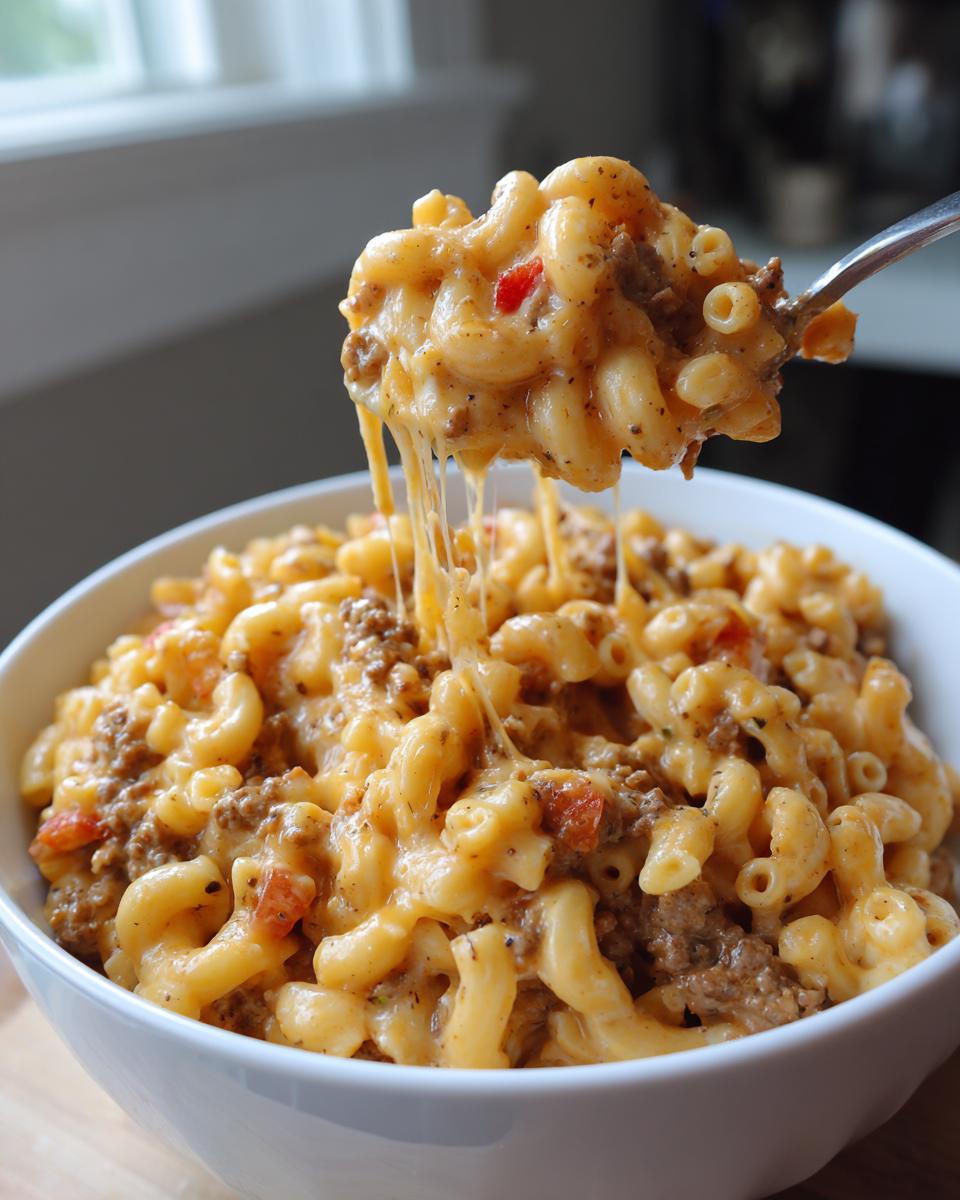 A spoonful of creamy homemade hamburger helper being lifted from a white bowl, showing excellent cheese pull.