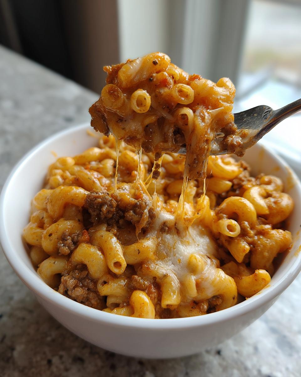 A fork lifts a cheesy, saucy bite of homemade hamburger helper out of a white bowl.