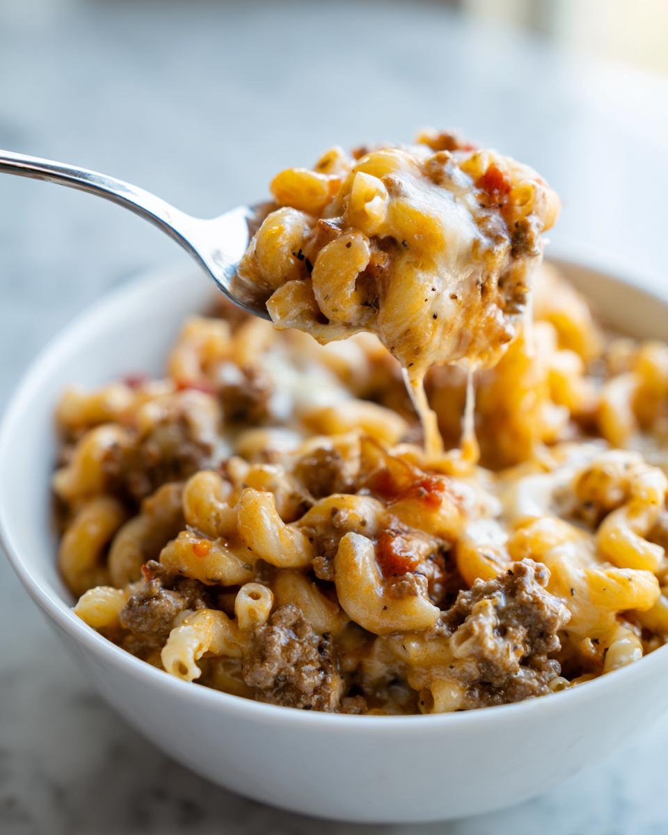 A spoonful of creamy, cheesy homemade hamburger helper being lifted from a white bowl.