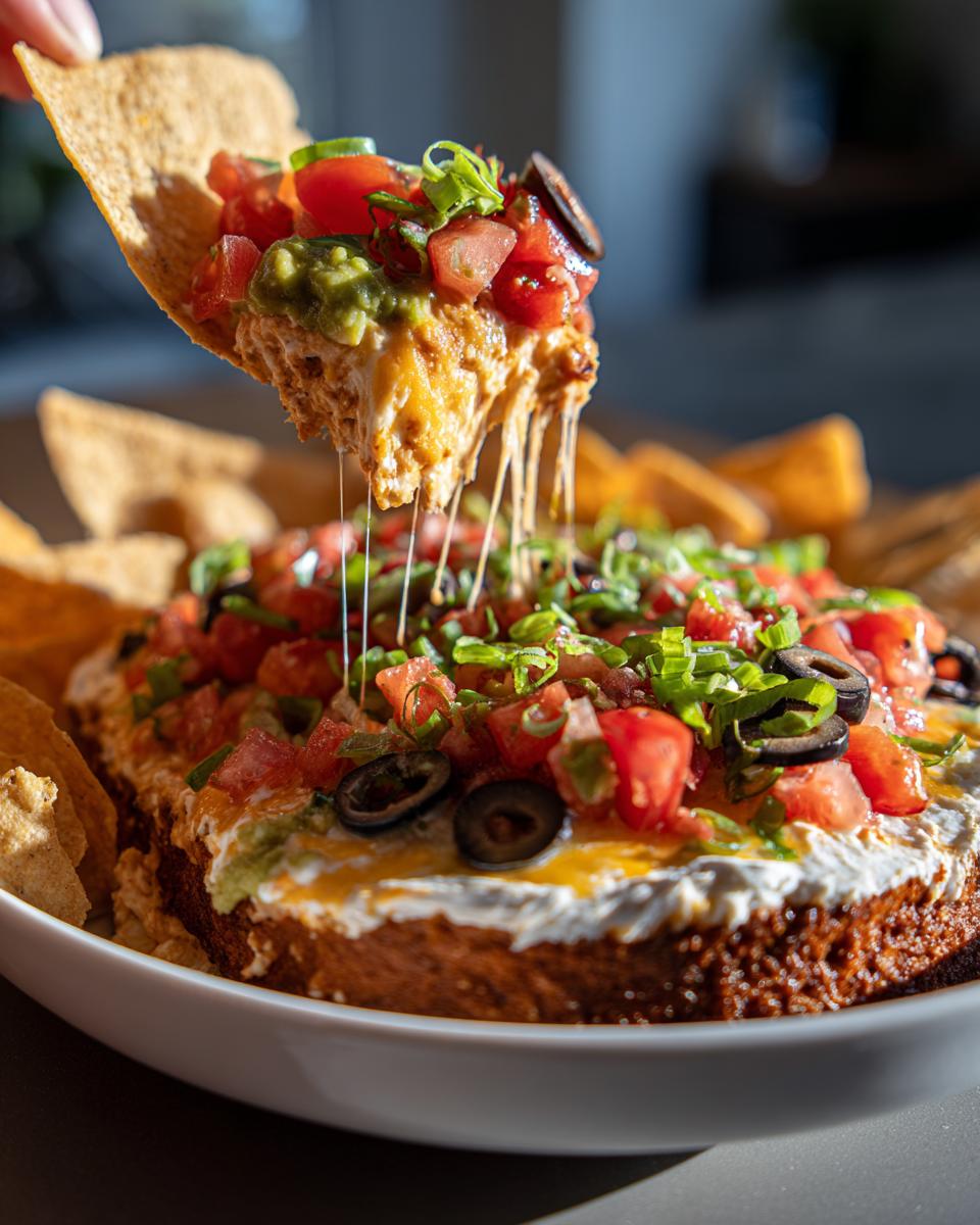 A tortilla chip scoops a cheesy portion of the 7 layer dip, showing melted cheese strings and fresh toppings.