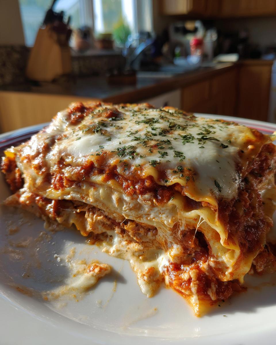 A close-up of a generous slice of lazy lasagna with melted cheese and meat sauce, garnished with parsley.