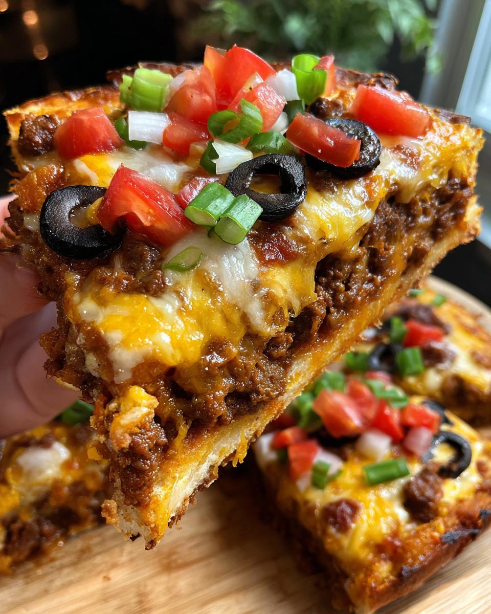 A hand holding up a thick slice of Mexican pizza loaded with seasoned beef, melted cheese, olives, tomatoes, and green onions.