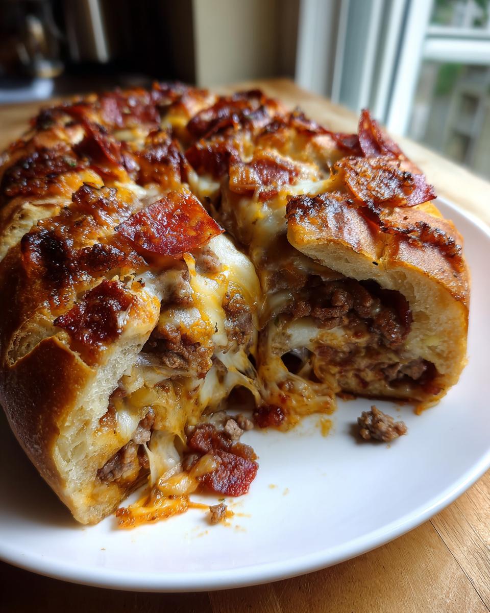 A cross-section view of baked garbage bread showing melted cheese, ground meat filling, and pepperoni on top.