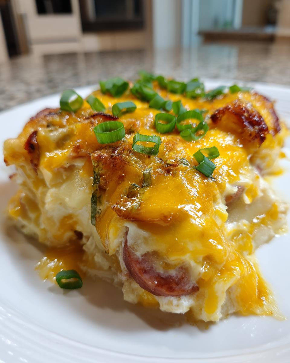 A close-up of a hearty slice of pierogi casserole topped with melted cheddar cheese and fresh green onions.