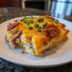 A close-up of a cheesy slice of pierogi casserole topped with smoked sausage and fresh green onions.