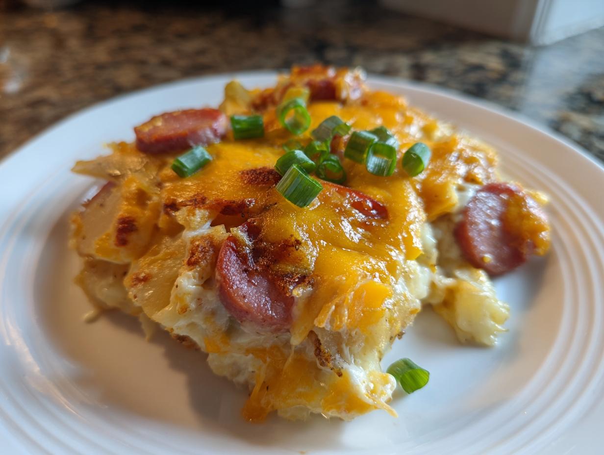 A close-up of a slice of pierogi casserole topped with melted cheddar cheese, sliced sausage, and green onions.