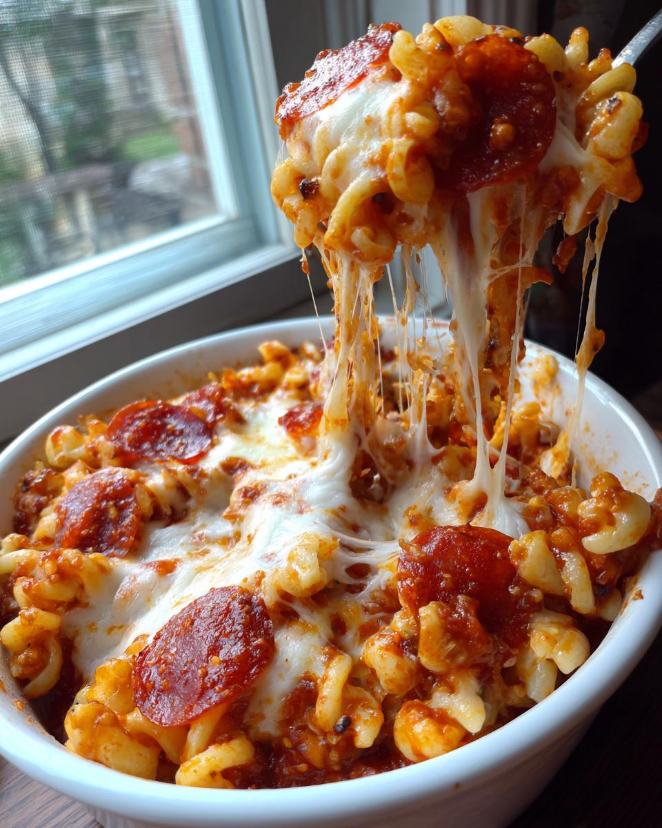 A spoonful of cheesy pizza pasta bake being lifted from a white bowl, showing long mozzarella cheese pulls.