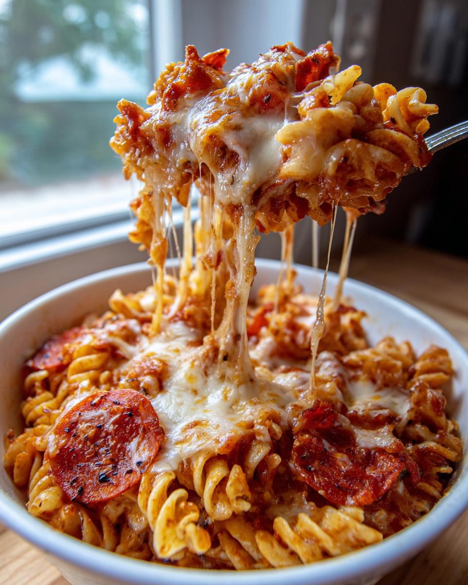 A fork lifts a cheesy serving of pizza pasta bake, showing long, melted mozzarella cheese strings.