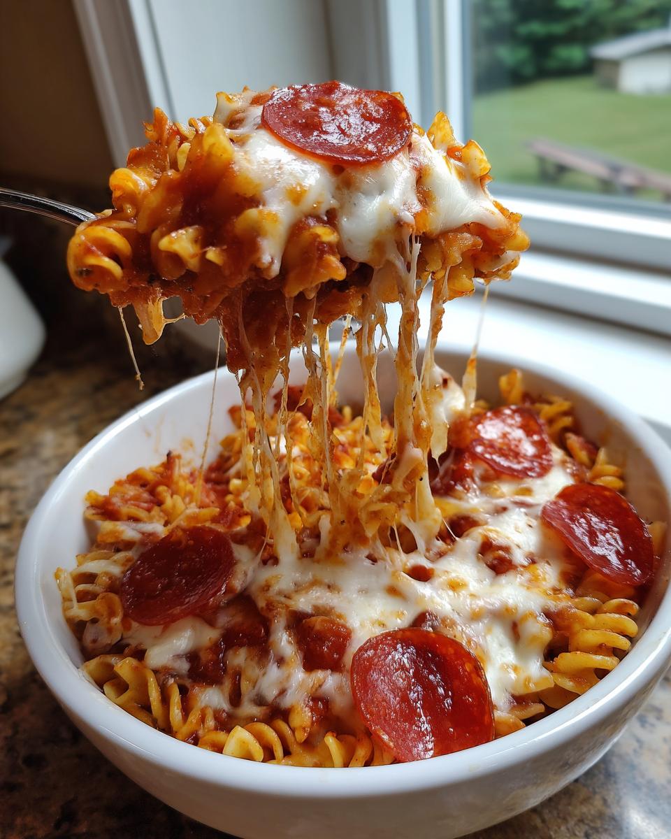 A fork lifts a cheesy portion of pizza pasta bake, showing extreme cheese pull over a bowl of pasta, sauce, and pepperoni.