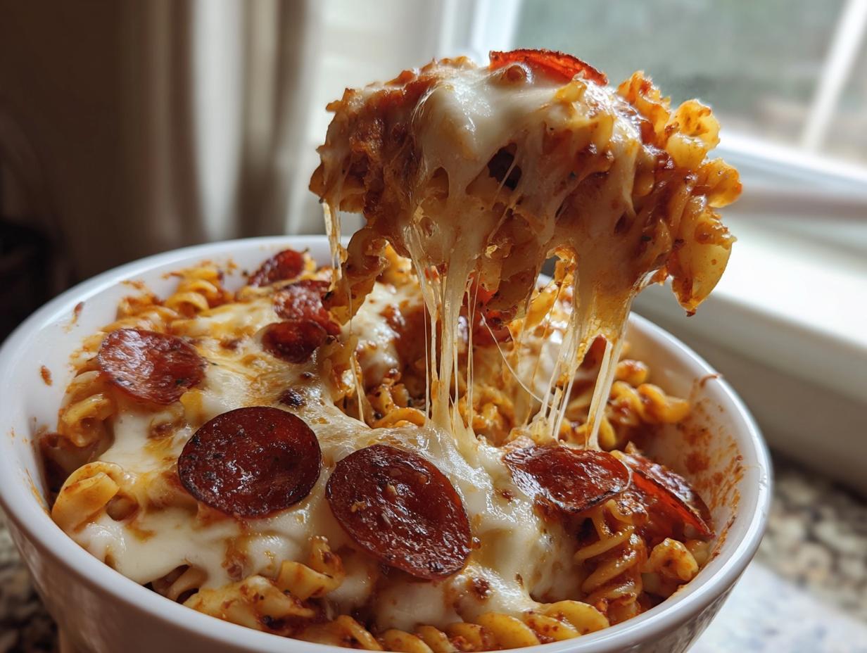 A serving of pizza pasta bake being lifted from a white bowl, showing extreme cheese pull and pepperoni slices.