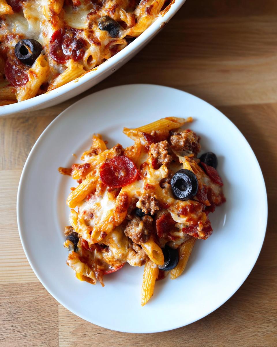 A serving of cheesy pizza pasta bake topped with pepperoni slices and black olives on a white plate.