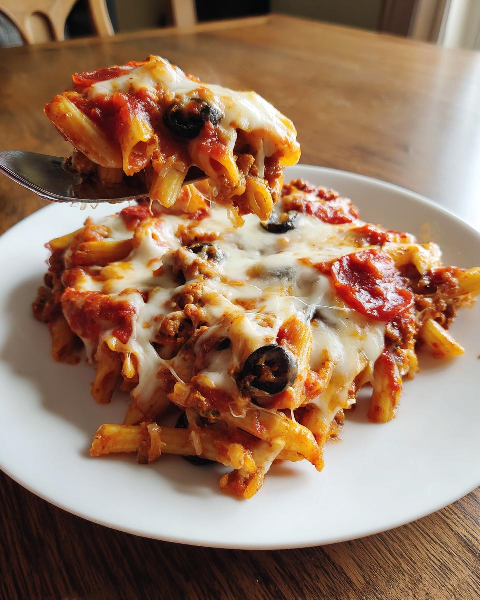 A fork lifts a cheesy, saucy portion of pizza pasta bake topped with pepperoni and olives from a white plate.