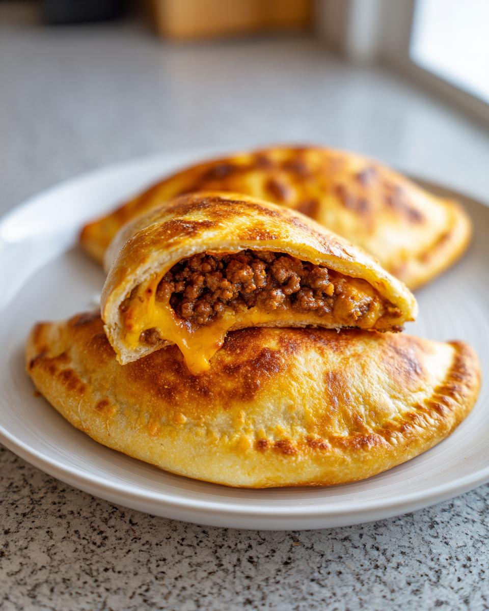 Close-up of two golden-brown cheesy pocket tacos, one cut open revealing seasoned ground beef and melted cheese.