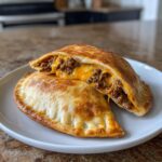 Two golden-brown cheesy pocket tacos on a white plate, one cut open revealing melted cheese and seasoned ground beef filling.