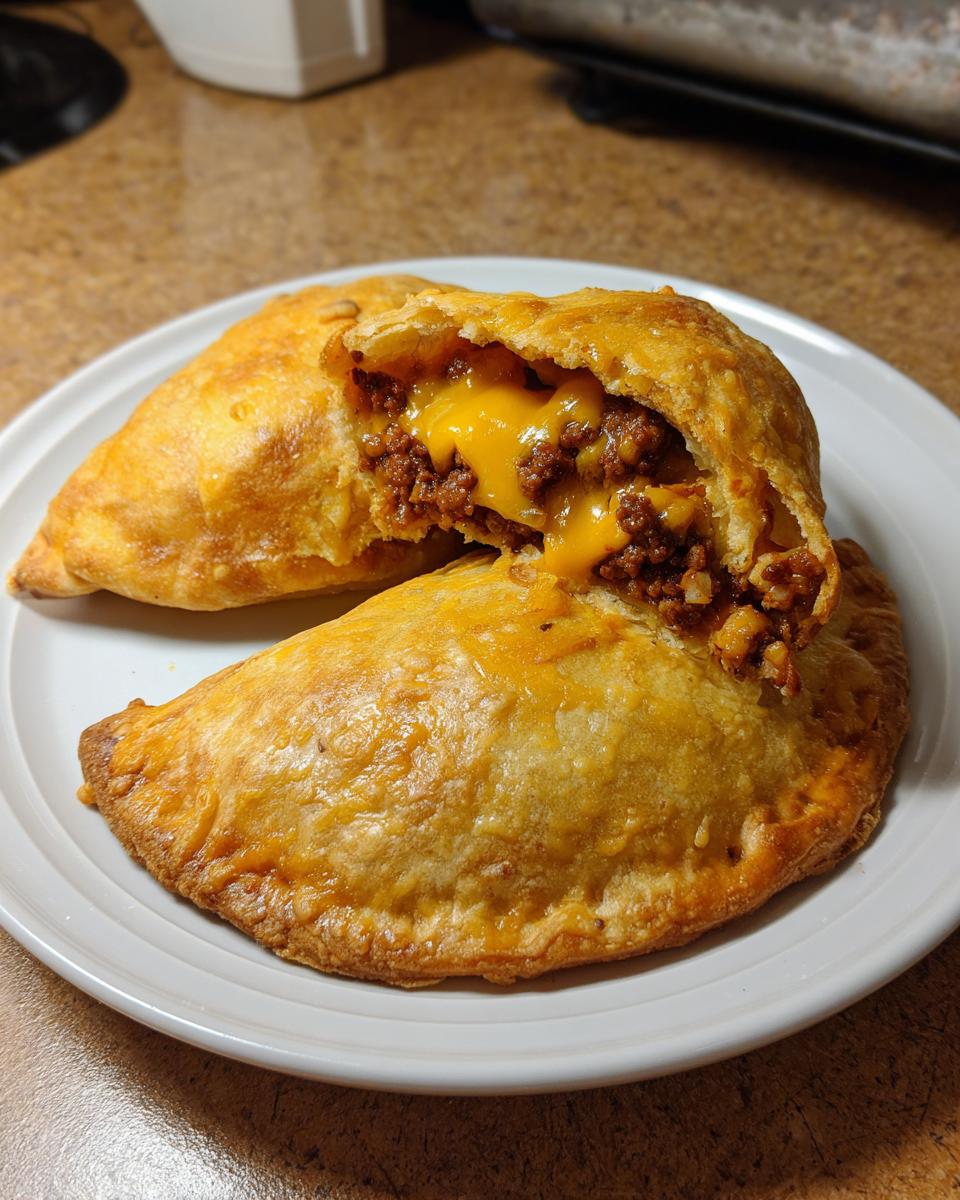 Two golden-brown cheesy pocket tacos on a white plate, one cut open revealing ground beef filling and melted cheddar cheese.