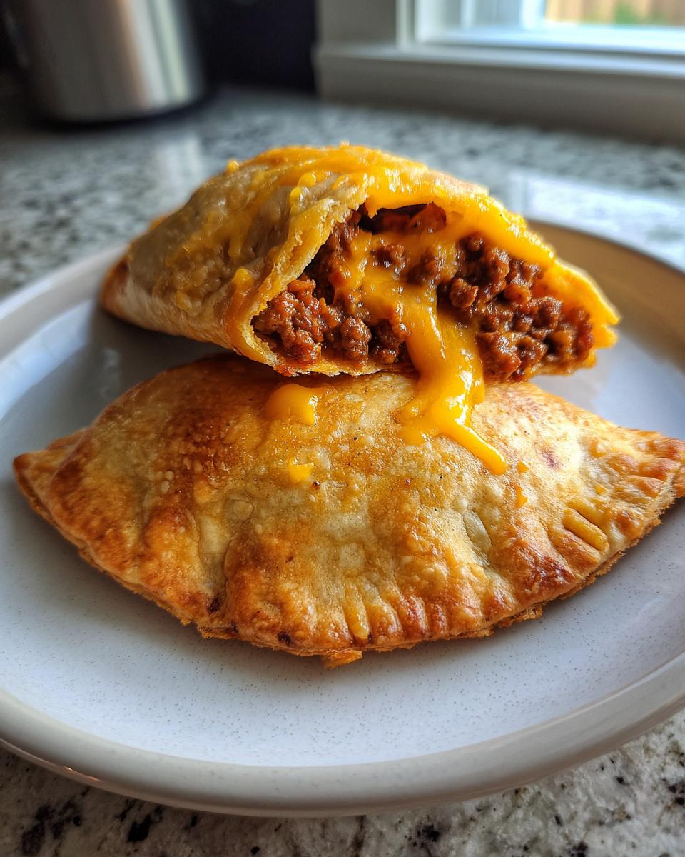 Two golden-brown cheesy pocket tacos stacked, one cut open revealing seasoned ground beef and melted cheese.