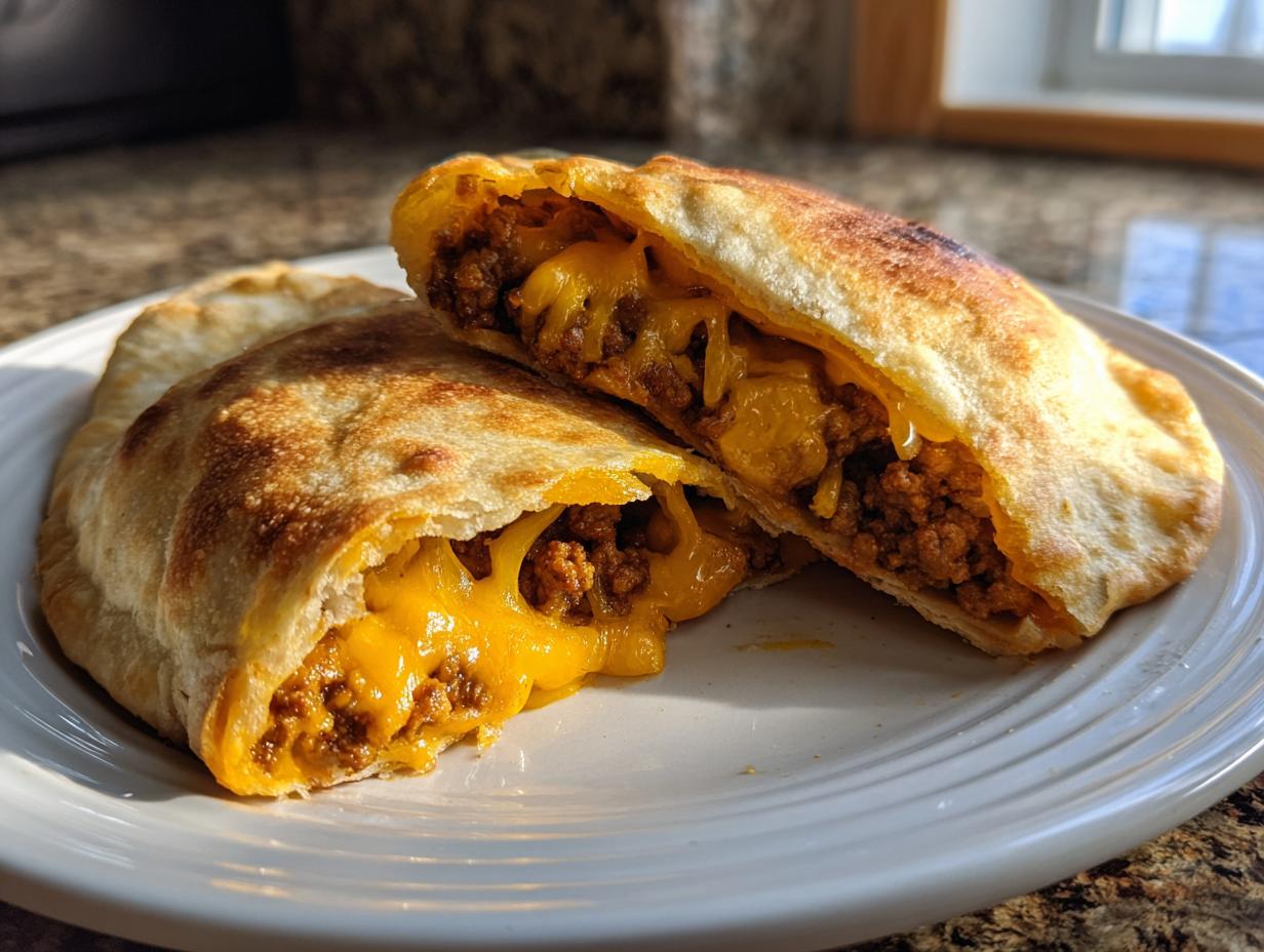 Two halves of a golden-brown cheesy pocket taco cut open to show the savory ground beef and melted cheddar cheese filling.