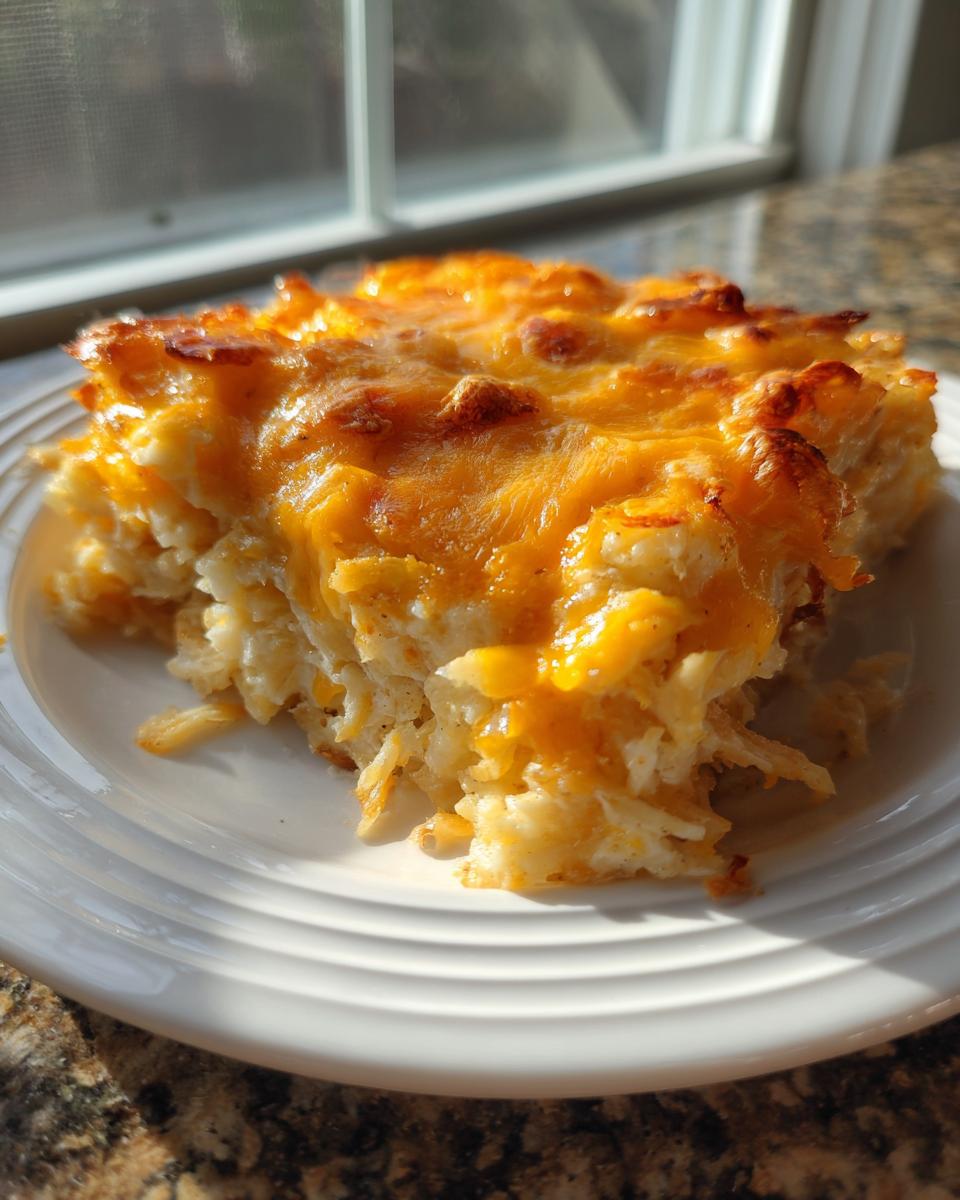 A close-up serving of cheesy potato bake, featuring shredded potatoes smothered in melted, browned cheddar cheese.