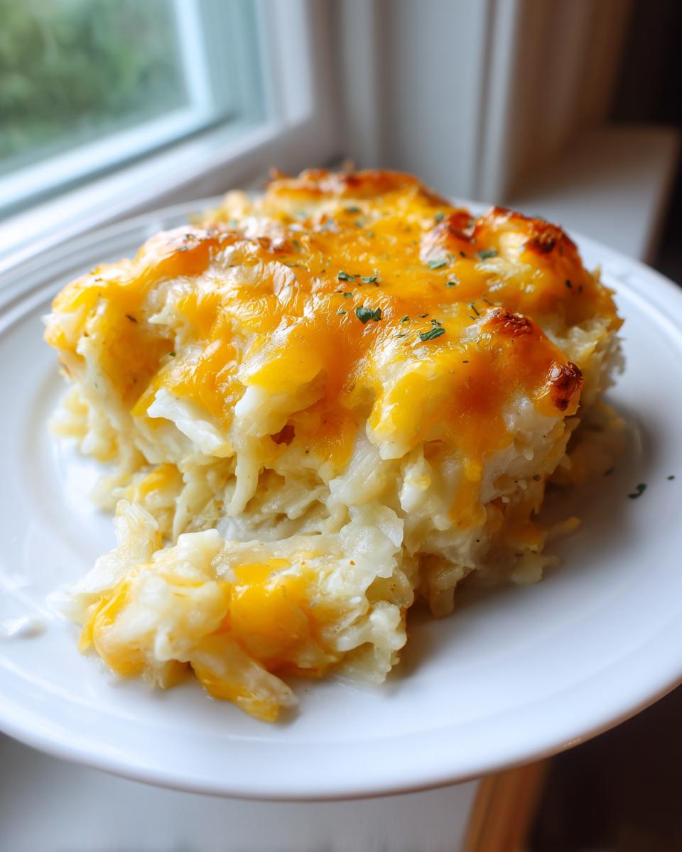 A generous serving of cheesy potato bake topped with melted, golden cheddar cheese on a white plate.
