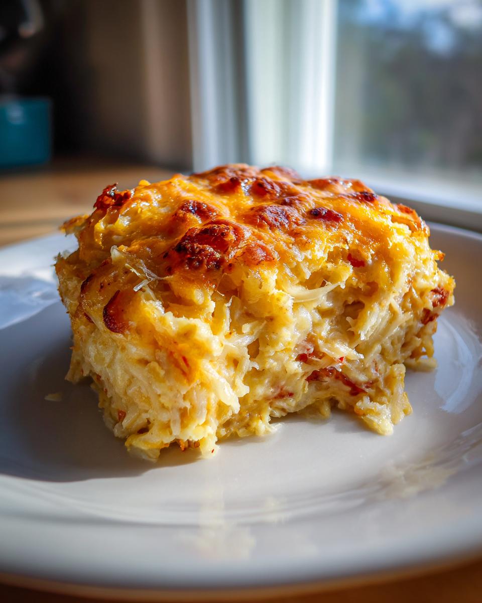 A close-up of a square serving of cheesy potato bake with a golden, bubbly crust, sitting on a white plate.
