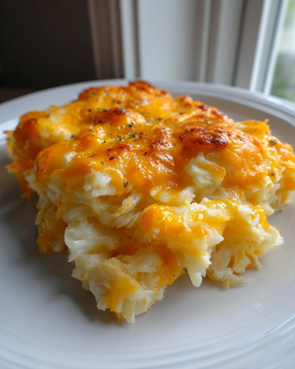 A close-up serving of cheesy potato bake, featuring shredded potatoes covered in melted, bubbly orange cheddar cheese.