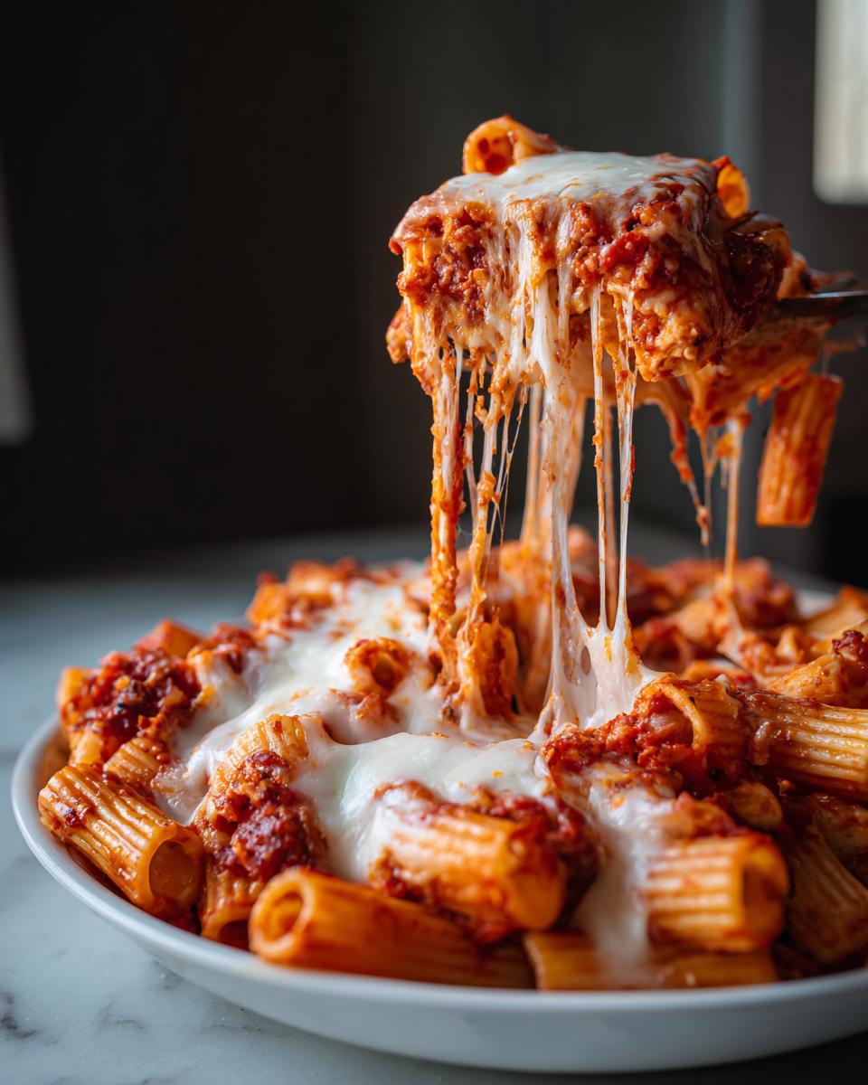 A serving spoon lifts a portion of cheesy pasta bake, showing long, dramatic cheese pulls over the main dish.