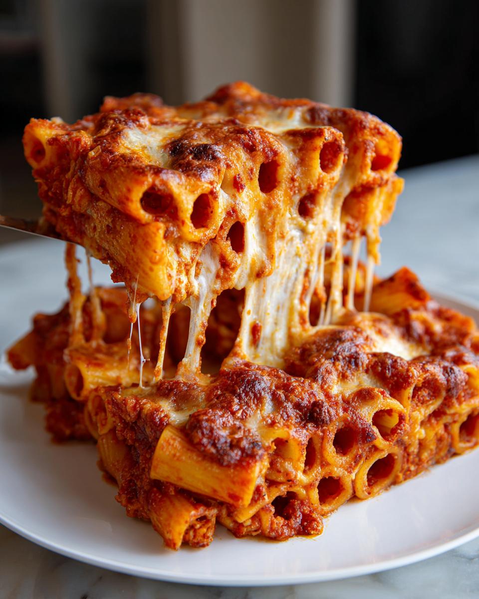 A serving of baked pasta bake being lifted, showing extreme cheese pull over the rich tomato sauce and rigatoni pasta.