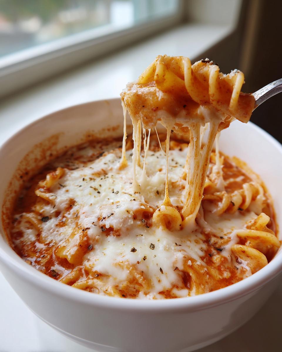 A fork lifting pasta from a bowl of crockpot lasagna soup, showing a dramatic cheese pull.