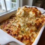 A spoonful of cheesy, bubbly hot crab dip being lifted from a white baking dish, showing long cheese pulls.