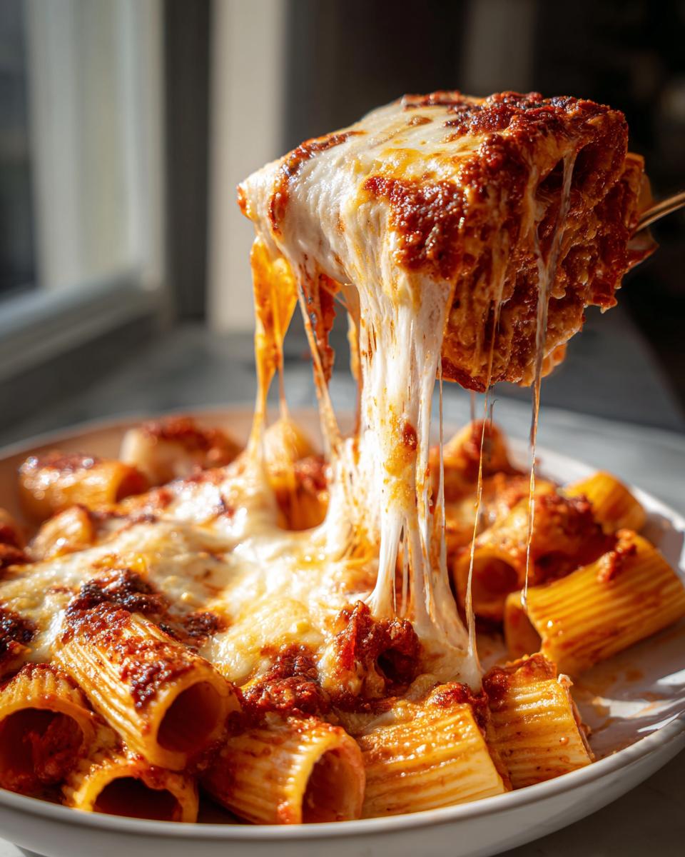 A serving of baked rigatoni pasta bake being lifted, showing extreme cheese pull with melted mozzarella and rich tomato sauce.