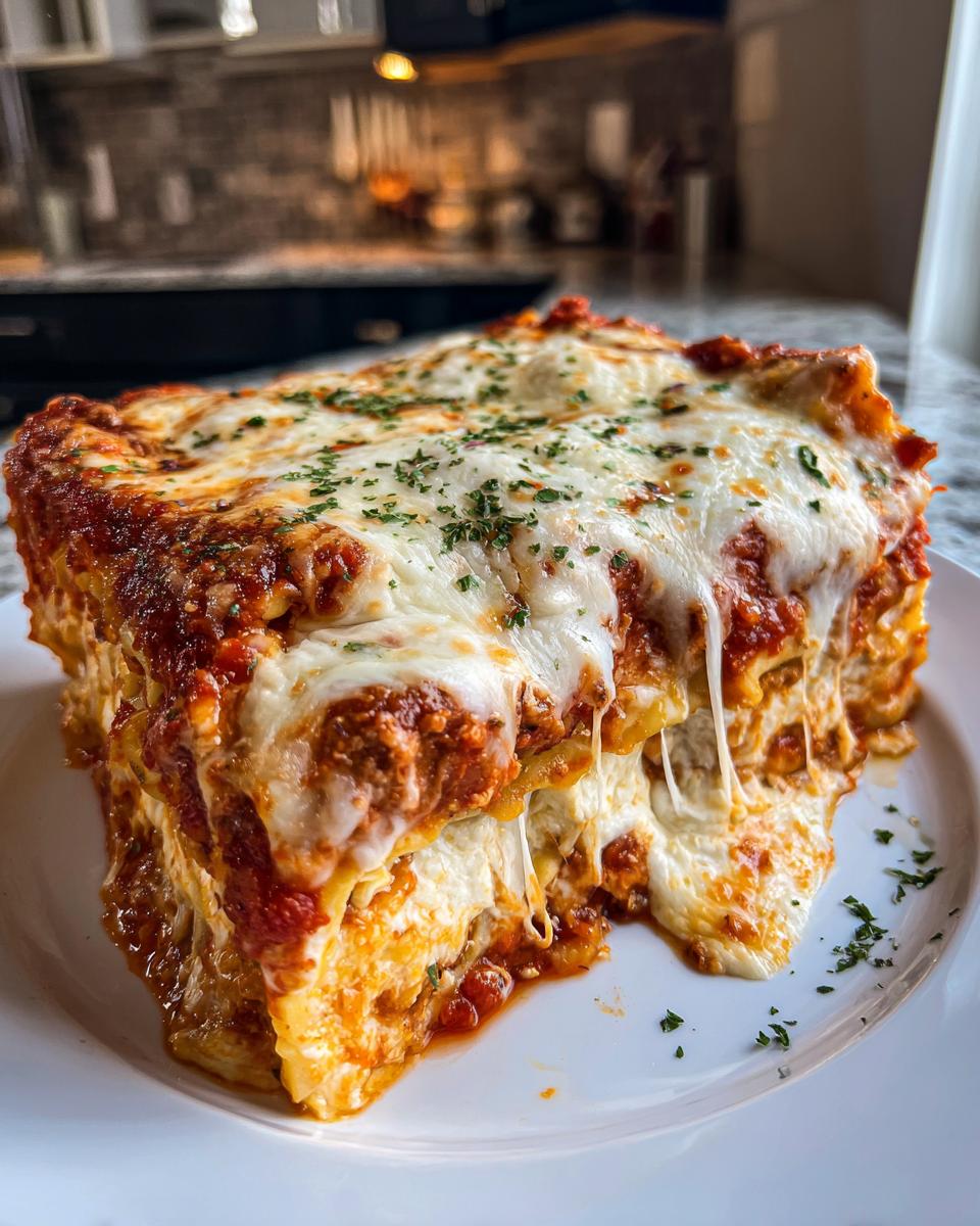 A tall, gooey slice of ravioli lasagna covered in melted cheese and tomato sauce, garnished with parsley.