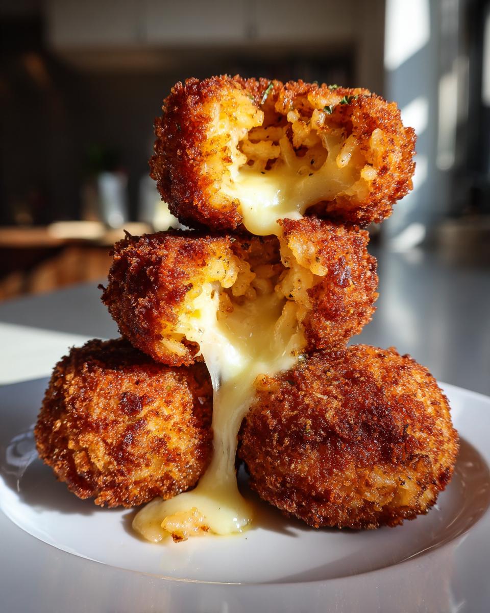 Stack of three golden brown, deep-fried cheesy rice balls with gooey cheese oozing out.