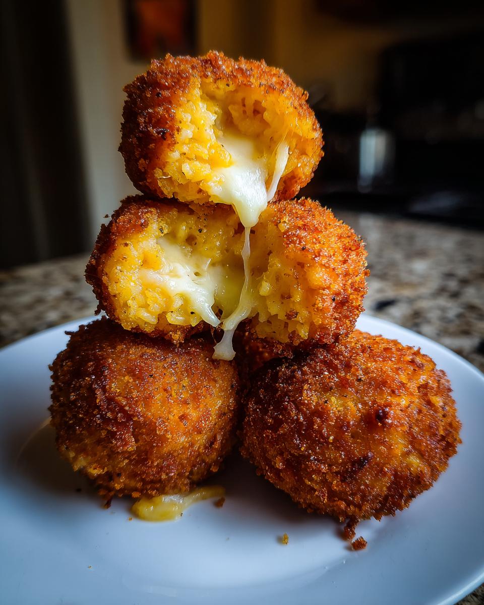 A stack of four crispy, golden-brown rice balls, with the top two cut open showing melted cheese stretching between them.
